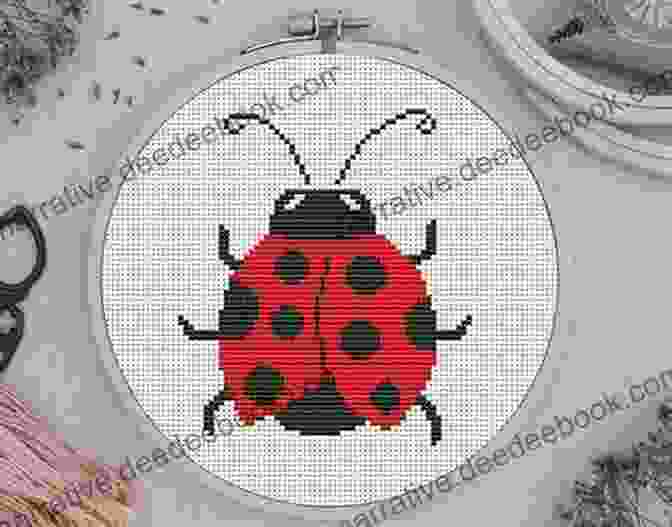 A Close Up Image Of The Completed Ladybug Cross Stitch Pattern, Showcasing The Vibrant Red Body, Black Outline, And Intricate Details Ladybug 2 Cross Stitch Pattern Mother Bee Designs