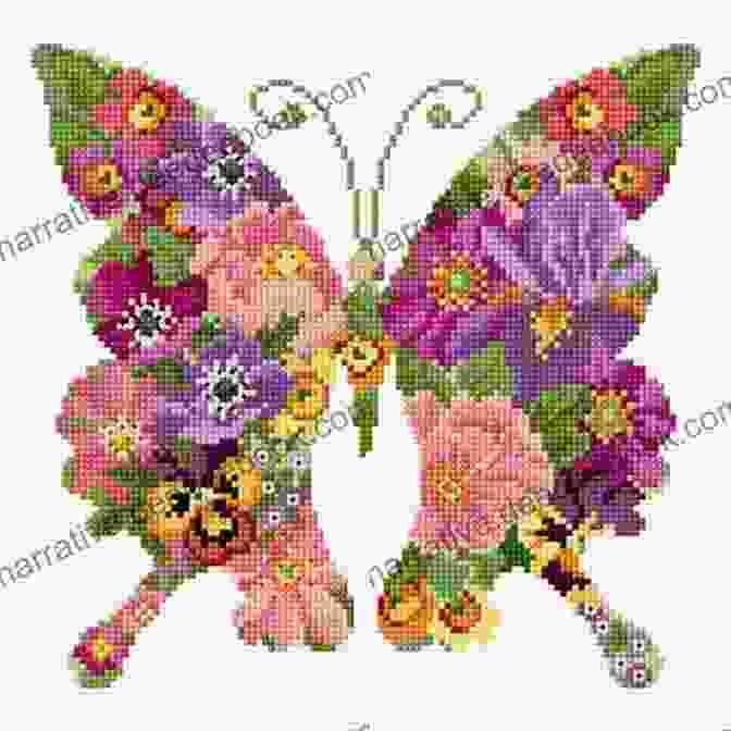 Detail Of Butterfly 10 Cross Stitch Pattern, Showing Intricate Floral Backdrop With Blooming Roses, Wildflowers, And Swaying Stems. Butterfly 10 Cross Stitch Pattern Mother Bee Designs